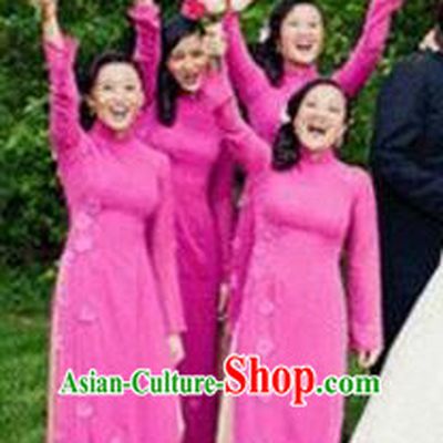 Top Grade Asian Vietnamese Traditional Dress, Vietnam National Princess Ao Dai Dress, Vietnam Bride Rose Flower Ao Dai Cheongsam Dress Clothing for Woman