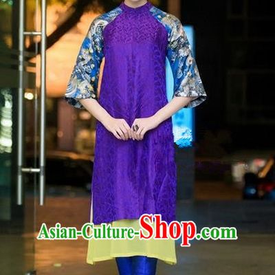 Top Grade Asian Vietnamese Traditional Dress, Vietnam National Princess Ao Dai Dress, Vietnam Purple Ao Dai Cheongsam Dress Headwear Clothing Complete Set for Woman