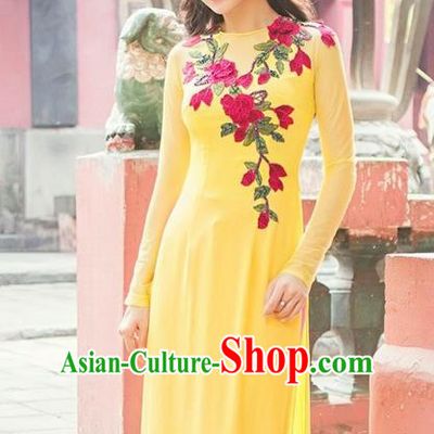 Top Grade Asian Vietnamese Traditional Dress, Vietnam National Princess Ao Dai Dress, Vietnam Yellow Embroidered Ao Dai Cheongsam Dress and Pants Complete Set for Woman