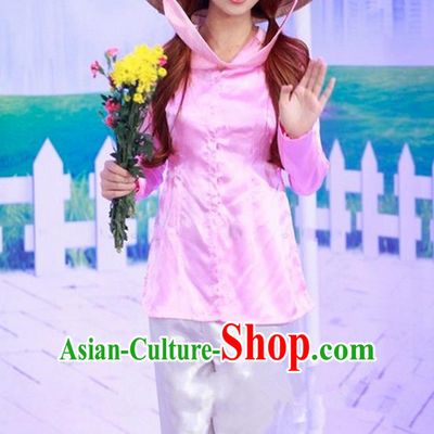 Top Grade Asian Vietnamese Traditional Dress, Vietnam National Farmwife Ao Dai Dress, Vietnam Pink Ao Dai Blouse and Pants for Woman