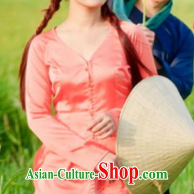 Top Grade Asian Vietnamese Traditional Dress, Vietnam National Farmwife Ao Dai Dress, Vietnam Rose Ao Dai Blouse and Pants for Woman