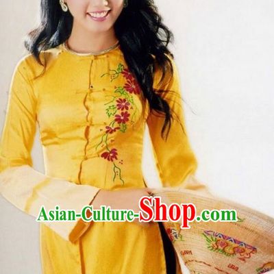 Top Grade Asian Vietnamese Traditional Dress, Vietnam National Farmwife Ao Dai Dress, Vietnam Golden Ao Dai Blouse and Pants for Woman