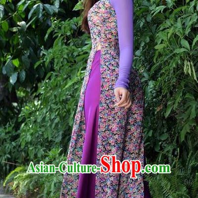 Top Grade Asian Vietnamese Traditional Dress, Vietnam National Princess Ao Dai Dress, Vietnam Purple Printing Ao Dai Cheongsam Dress and Pants Clothing for Woman