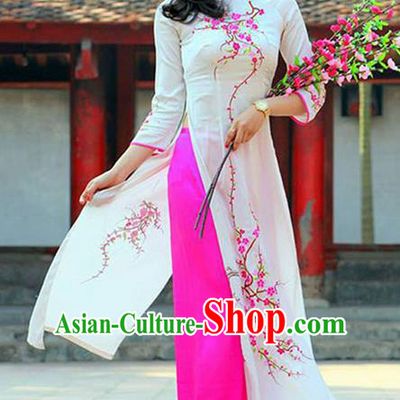 Top Grade Asian Vietnamese Traditional Dress, Vietnam National Princess Ao Dai Dress, Vietnam White Embroidered Ao Dai Cheongsam Dress and Pants Clothing for Woman