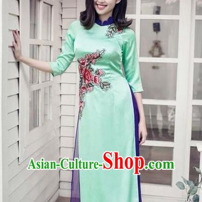 Top Grade Asian Vietnamese Traditional Dress, Vietnam National Princess Ao Dai Dress, Vietnam Green Patch Embroidered Ao Dai Cheongsam Dress and Pants Clothing for Woman