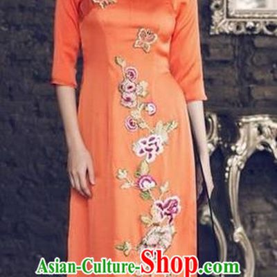 Top Grade Asian Vietnamese Traditional Dress, Vietnam National Princess Ao Dai Dress, Vietnam Orange Patch Embroidered Ao Dai Cheongsam Dress and Pants Clothing for Woman