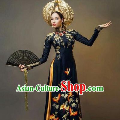Top Grade Asian Vietnamese Traditional Dress, Vietnam National Queen Ao Dai Dress, Vietnam Palace Royal Empress Black Ao Dai Cheongsam Dress Clothing for Woman