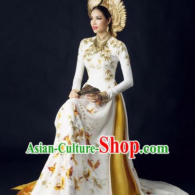 Top Grade Asian Vietnamese Traditional Dress, Vietnam National Queen Ao Dai Dress, Vietnam Palace Royal Empress White Ao Dai Cheongsam Dress Clothing for Woman
