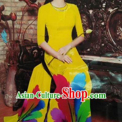Top Grade Asian Vietnamese Traditional Dress, Vietnam National Queen Ao Dai Dress, Vietnam Palace Princess Yellow Printing Ao Dai Cheongsam Dress Clothing for Woman