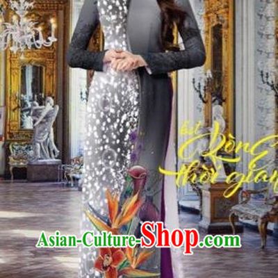Top Grade Asian Vietnamese Traditional Dress, Vietnam National Queen Ao Dai Dress, Vietnam Palace Princess Black Printing Ao Dai Cheongsam Dress Clothing for Woman