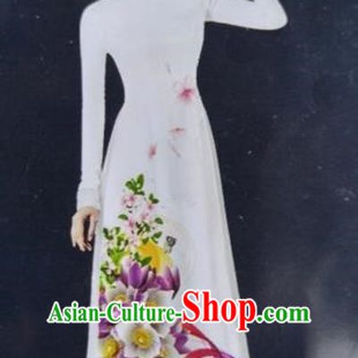 Top Grade Asian Vietnamese Traditional Dress, Vietnam National Queen Ao Dai Dress, Vietnam Palace Princess White Printing Ao Dai Cheongsam Dress Clothing for Woman