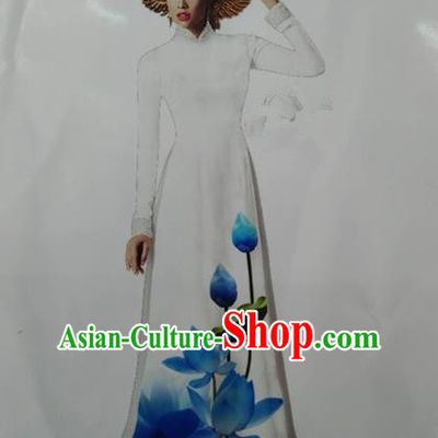 Top Grade Asian Vietnamese Traditional Dress, Vietnam National Queen Ao Dai Dress, Vietnam Palace Princess White Printing Lotus Ao Dai Cheongsam Dress Clothing for Woman