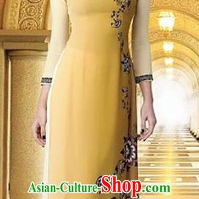 Top Grade Asian Vietnamese Traditional Dress, Vietnam National Queen Ao Dai Dress, Vietnam Palace Princess Yellow Printing Ao Dai Cheongsam Dress Clothing for Woman