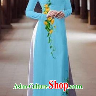 Traditional Top Grade Asian Vietnamese Dress, Vietnam National Female Ao Dai Dress Women Blue Printing Cheongsam Clothing