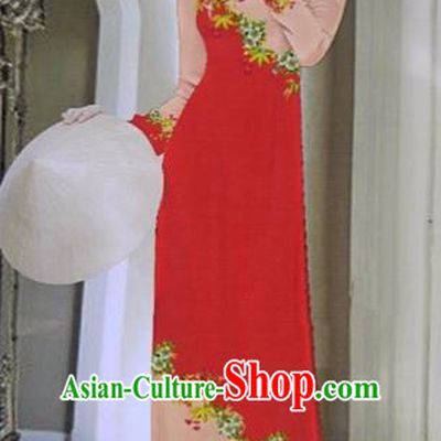 Traditional Top Grade Asian Vietnamese Dress, Vietnam National Female Ao Dai Dress Women Red Printing Cheongsam Clothing