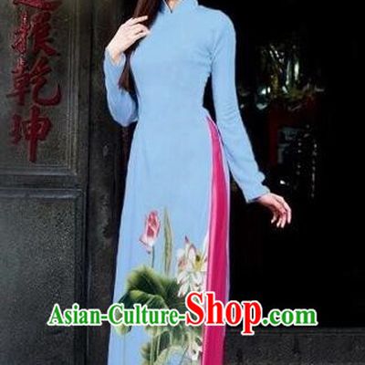 Traditional Top Grade Asian Vietnamese Dress, Vietnam National Female Ao Dai Dress Women Blue Printing Lotus Cheongsam Clothing