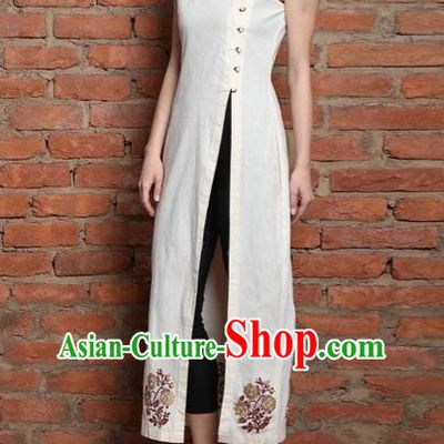 Traditional Top Grade Asian Vietnamese Dress, Vietnam National Female Ao Dai Dress Women White Embroidered Cheongsam Clothing