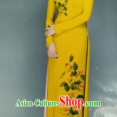 Traditional Top Grade Asian Vietnamese Dress, Vietnam National Female Ao Dai Dress Women Printing Yellow Chiffon Cheongsam Clothing