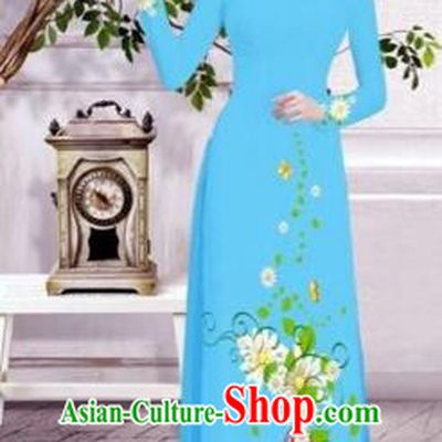 Traditional Top Grade Asian Vietnamese Dress, Vietnam National Female Ao Dai Dress Women Blue Printing Flowers Suit Cheongsam Clothing