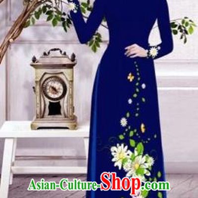 Traditional Top Grade Asian Vietnamese Dress, Vietnam National Female Ao Dai Dress Women Royalblue Printing Flowers Suit Cheongsam Clothing