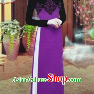 Traditional Top Grade Asian Vietnamese Dress, Vietnam National Female Ao Dai Dress Women Purple Printing Suit Cheongsam Clothing