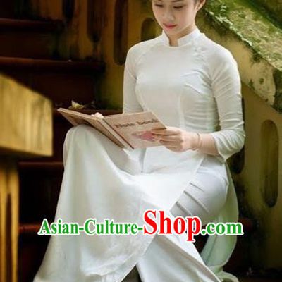 Traditional Top Grade Asian Vietnamese Dress, Vietnam National Female Ao Dai Dress Women White Ao Dai Cheongsam Clothing