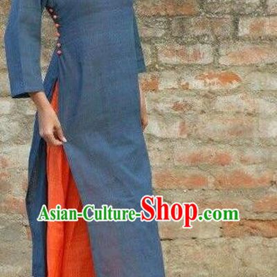 Traditional Top Grade Asian Vietnamese Dress, Vietnam National Female Ao Dai Dress Women Navy Linen Ao Dai Cheongsam Clothing