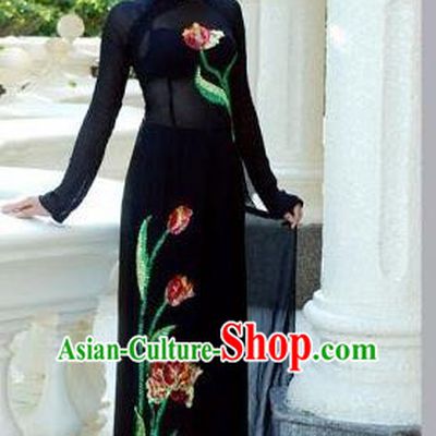 Traditional Top Grade Asian Vietnamese Dress, Vietnam National Female Handmade Ao Dai Dress Women Black Chiffon Printing Dress Ao Dai Cheongsam Clothing
