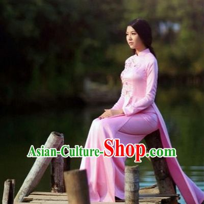 Traditional Top Grade Asian Vietnamese Dress, Vietnam National Female Handmade Ao Dai Dress Women Pink Dress Ao Dai Cheongsam Clothing