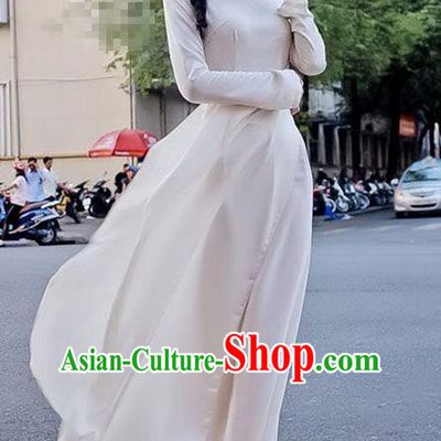 Traditional Top Grade Asian Vietnamese Dress, Vietnam National Female Handmade Ao Dai Dress Women White Full Dress Ao Dai Cheongsam Clothing