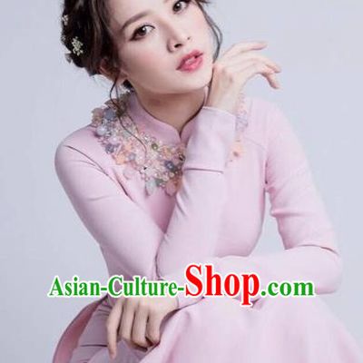 Traditional Top Grade Asian Vietnamese Dress, Vietnam National Female Handmade Ao Dai Dress Women Pink Full Dress Ao Dai Cheongsam Clothing