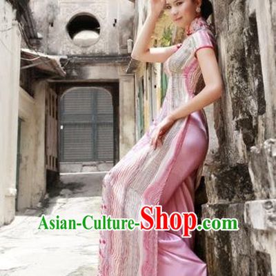 Traditional Top Grade Asian Vietnamese Dress, Vietnam National Female Handmade Ao Dai Dress Women Pink Printing Full Dress Ao Dai Cheongsam Clothing