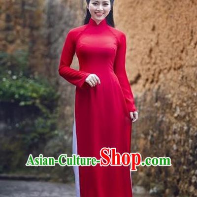 Traditional Top Grade Asian Vietnamese Dress, Vietnam National Female Handmade Ao Dai Dress Women Red Full Dress Ao Dai Cheongsam and Loose Pants Complete Set