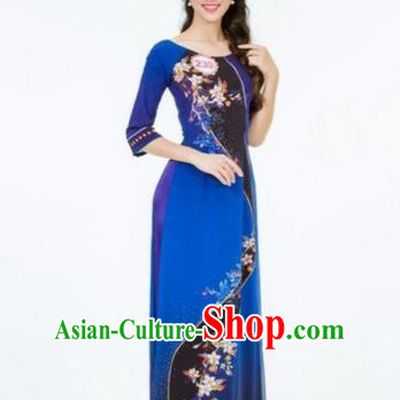 Traditional Top Grade Asian Vietnamese Dress, Vietnam National Female Handmade Ao Dai Dress Women Royalblue Cheongsam Clothing