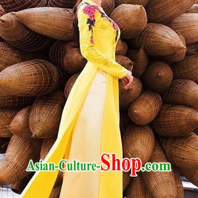 Traditional Top Grade Asian Vietnamese Dress, Vietnam National Female Handmade Ao Dai Dress Bride Wedding Yellow Chiffon Cheongsam Clothing