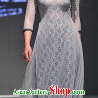 Traditional Top Grade Asian Vietnamese Dress, Vietnam National Female Handmade Ao Dai Dress Bride Wedding Grey Printing Cheongsam Clothing