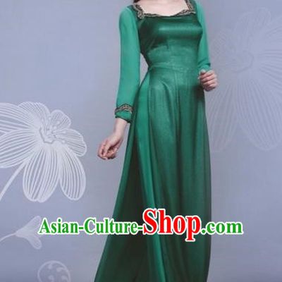 Traditional Top Grade Asian Vietnamese Dress, Vietnam National Female Handmade Ao Dai Dress Bride Wedding Green Silk Cheongsam Clothing