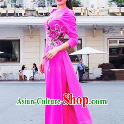 Traditional Top Grade Asian Vietnamese Dress, Vietnam National Female Handmade Ao Dai Dress Bride Wedding Embroidered Flowers Rose Cheongsam Clothing