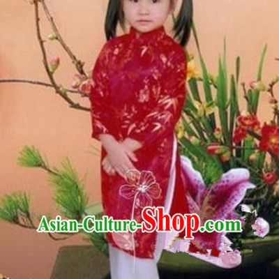 Traditional Top Grade Asian Vietnamese Dress, Vietnam National Girls Handmade Red Clothing Cheongsam and Pants Complete Set for Children