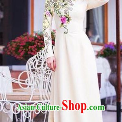 Traditional Top Grade Asian Vietnamese Costumes, Vietnam National Female Handmade Ao Dai Dress Bride Wedding Cheongsam White Clothing for Women