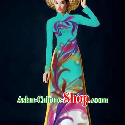 Traditional Top Grade Asian Vietnamese Costumes Dance Dress, Vietnam National Female Handmade Blue Printing Ao Dai Dress Cheongsam Clothing for Women