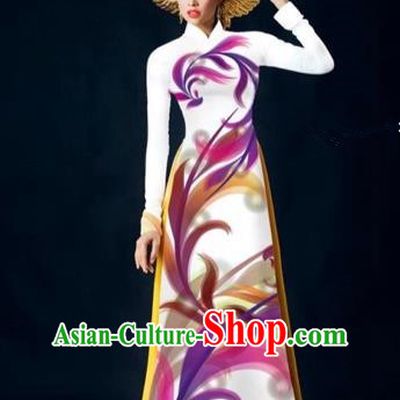 Traditional Top Grade Asian Vietnamese Costumes Dance Dress, Vietnam National Female Handmade White Printing Ao Dai Dress Cheongsam Clothing for Women