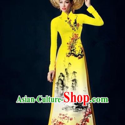Traditional Top Grade Asian Vietnamese Costumes Dance Dress, Vietnam National Female Handmade Yellow Printing Ao Dai Dress Cheongsam Clothing for Women