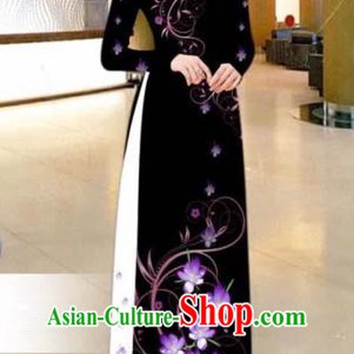 Traditional Top Grade Asian Vietnamese Costumes Dance Dress, Vietnam National Female Handmade White Silk Printing Ao Dai Dress Cheongsam Clothing for Women