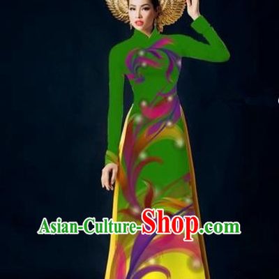 Traditional Top Grade Asian Vietnamese Costumes Dance Dress, Vietnam National Female Handmade Green Printing Ao Dai Dress Cheongsam Clothing for Women