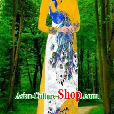 Traditional Top Grade Asian Vietnamese Costumes Dance Dress, Vietnam National Female Handmade Yellow Printing Peacock Ao Dai Dress Cheongsam Clothing for Women