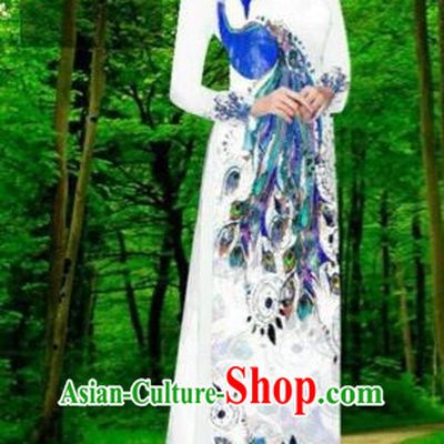 Traditional Top Grade Asian Vietnamese Costumes Dance Dress, Vietnam National Female Handmade White Printing Peacock Ao Dai Dress Cheongsam Clothing for Women