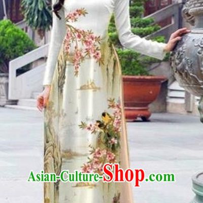 Traditional Top Grade Asian Vietnamese Costumes Dance Dress, Vietnam National Female Handmade White Printing Flowers Ao Dai Dress Cheongsam Clothing for Women