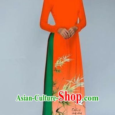 Traditional Top Grade Asian Vietnamese Costumes Dance Dress, Vietnam National Female Handmade Printing Bamboo Orange Ao Dai Dress Cheongsam Clothing for Women