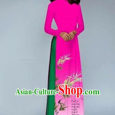 Traditional Top Grade Asian Vietnamese Costumes Dance Dress, Vietnam National Female Handmade Printing Bamboo Rose Ao Dai Dress Cheongsam Clothing for Women